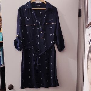 Blue and White Long Sleeve Buttoned Shirt Dress